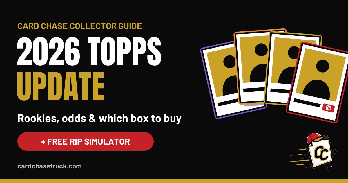 2026 Topps Update Guide: Rookies, Odds, Box Types and a Free Rip Simulator Four baseball cards with colorful parallel borders next to the Card Chase mascot, for the Card Chase 2026 Topps Update guide