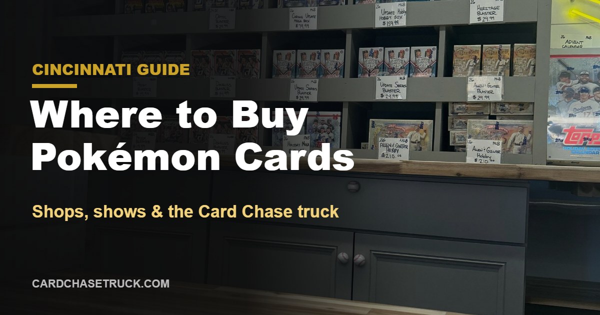 Shelves of sealed Pokémon and sports card boxes inside the Card Chase truck, for a guide to buying Pokémon cards in Cincinnati